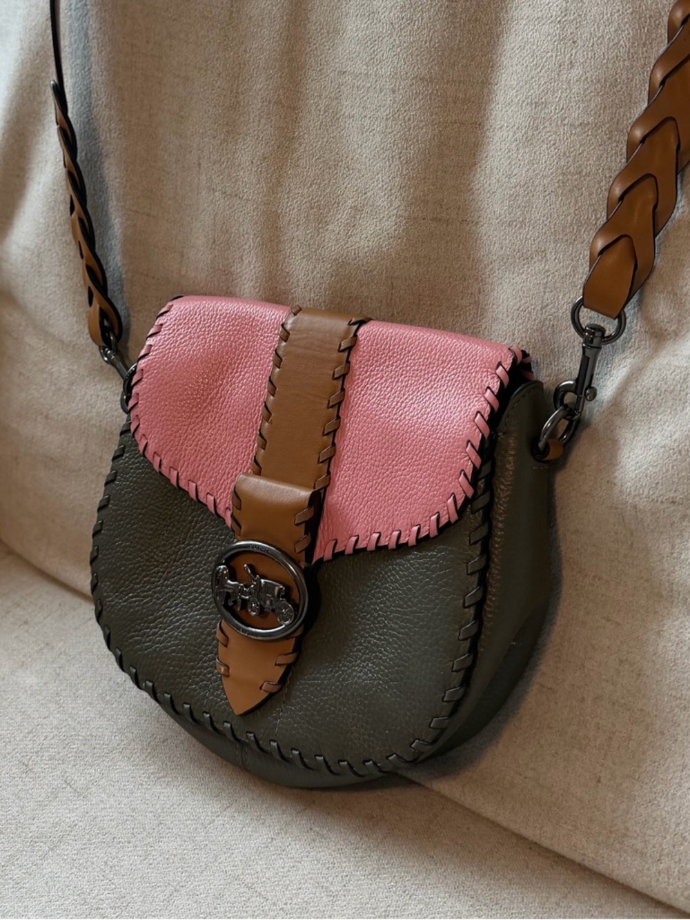 Coach Pink, Olive & Tan Leather Crossbody Saddle Bag - Picture 2 of 12